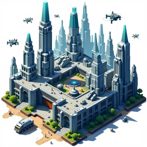 Isometric RTS-style game scene of an awe-inspiring futuristic human civilization, rapidly expanding across the battlefield. Towering crystalline skyscrapers, advanced military barracks, and impenetrable energy-shielded walls form a high-tech metropolis. Ma...