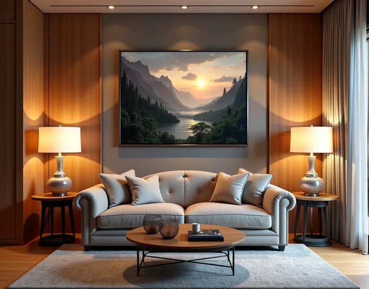 living room; Highly detailed; Higher resolution textures; wall panels; Malaysian TEAK wood; Chesterfield sofa; Two floor lamps on either side of sofa; Detailed sofa; Floor lamp with perfect detailing; 3000 Kelvin Lighting, Painting on wall, painting of mou...