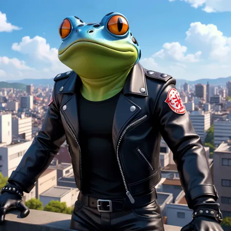 An extremely badass anthropomorphic light blue and white bullfrog wearing an insanely cool black leather biker jacket open, black shirt, black leather biker gloves, black leather biker pants, giving it a cool, edgy appearance, Kyoto animation style, {Upper...