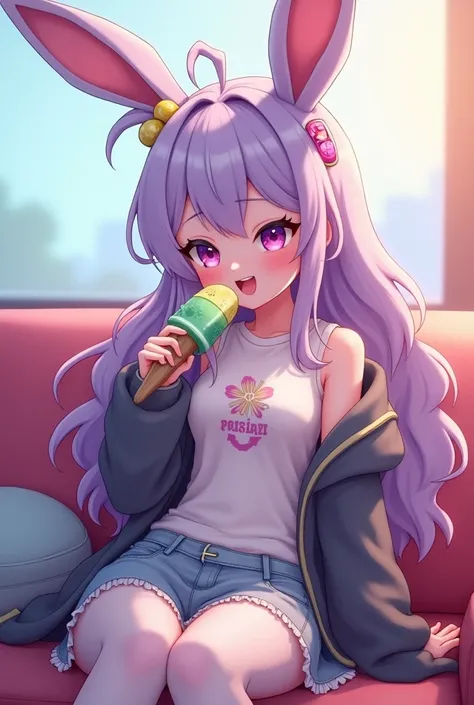 Rabbit with long droopy ears, Enjoying joyfully eating ice cream, She has long wavy pastel lilac hair, t-shirt with open jacket, panti skirt and tights, is on the couch, Do you have a hearing aid, Does it have neon accessories.  3d anime style .