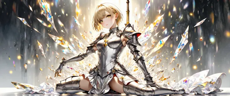 Beautiful Jeanne d'Arc ,   Extremely short, boyish blond hair , Golden piercing gaze,  attractive proportions,  wears armor and sacred swords, which are sculpted works of art carved from pearl platinum crystals, Background Diverse Punk, ( super detailed,  ...