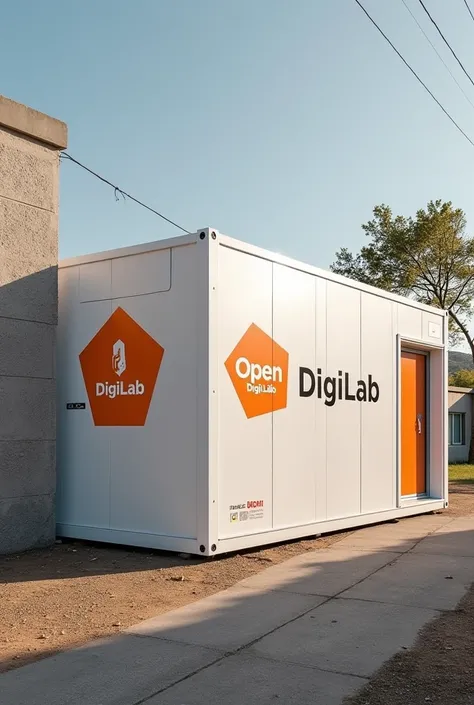 classe numérique en conteneurs 40 pieds du nom de Open DigiLab pour 20 eleves en milieux ruraux. Voici une représentation du conteneur Open DigiLab en blanc avec un branding en orange et noir. L'image illustre un espace numérique mobile axé sur les compéte...