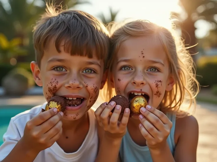 Front view and close-up of the faces of a brown Eurasian  boy and  girl eating half-melted Easter eggs : ils ont plein de traces de chocolat sur le visage et sur les mains ; ils rient aux éclats ; Décor : near the pool, jardin, palmiers, coconut trees,  dr...