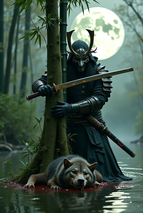 A hyper-realistic image capturing a dramatic close-up of a samurai warrior standing in a shim sword stance next to a Japanese bamboo grove, striking a sword strike through the middle of a bamboo grove, cutting it in half. A werewolf body lying lifeless on ...