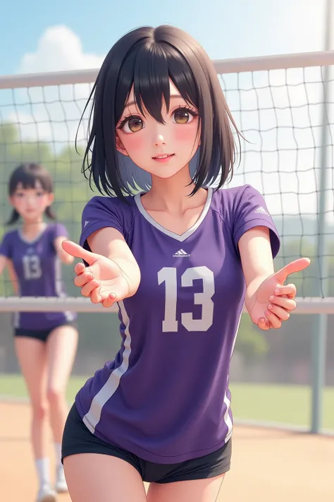 　8k,  RAW photos ,  super A high resolution,  top quality , masterpiece:1.2), (realistic illustration ), (highly detailed CG Unity 8k wallpaper),  1 young woman、Put on a volleyball uniform、Wearing bloomers、The woman is receiving a volleyball that flew in f...