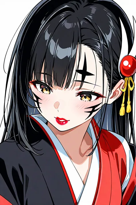 Taikyoku is a woman with long hair extending passed her back, lipstick on her lips, with a black tattoo in the middle of her forehead under her hairline, in addition to jagged markings underneath her slitted eyes. She adorns Japanese attire, resembling a k...