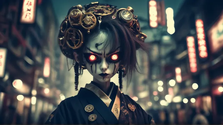  Steampunk Nightcity 、 There are a lot of demons in the background 、Full-body shooting、 Horror themed movie scenes,、Calm,  with a big head , Head augmentation 、( full body portrait :1.3), nurarihyon、 I'm wearing an old kimono ,  small depth of field , vign...