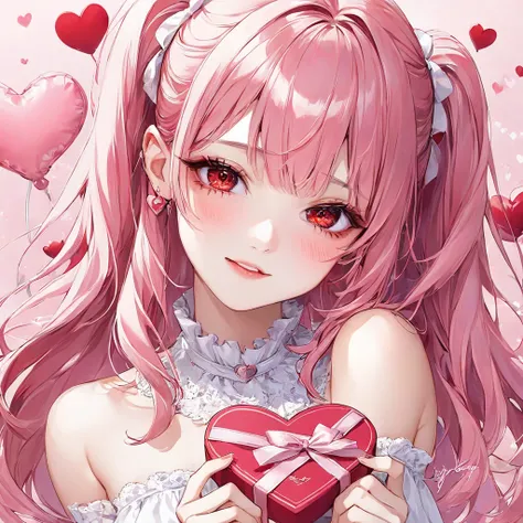 1 girl red eyes pink long hair Valentine's Day 