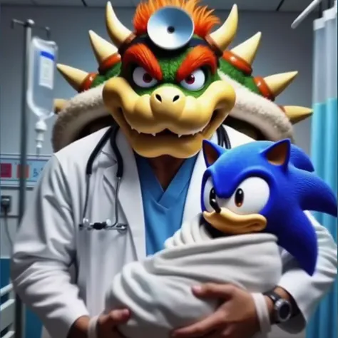 The image humorously depicts Bowser, a well-known character from the Mario franchise, dressed as a doctor. He is wearing a white lab coat, a stethoscope, and a head mirror. In his arms, he is holding Sonic, the blue hedgehog from the Sonic the Hedgehog ser...