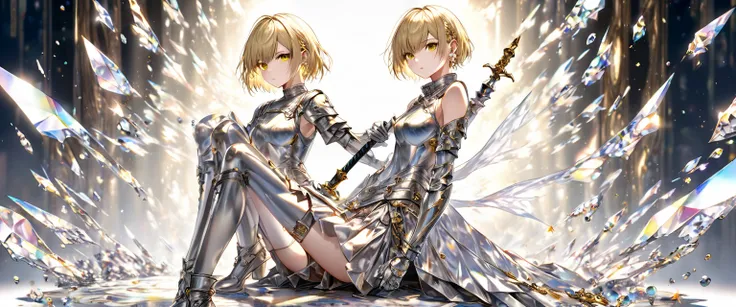 Beautiful Jeanne d'Arc ,   Extremely short, boyish blond hair , Golden piercing gaze,  attractive proportions,  wears armor and sacred swords, which are sculpted works of art carved from pearl platinum crystals, Background Diverse Punk, ( super detailed,  ...