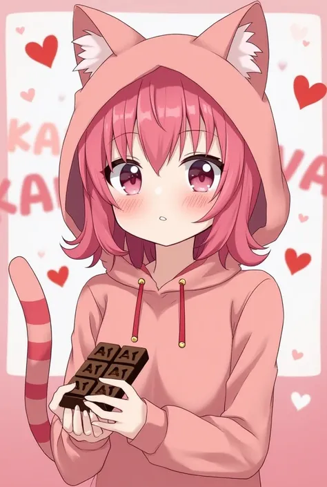 An anime-style girl with pink hair is cosplaying as a cat。Kaa letters on chocolate。So that the letters arutemis can be seen in the background。I have chocolate with the letters kaa in my hand。Valentine's Day atmosphere。