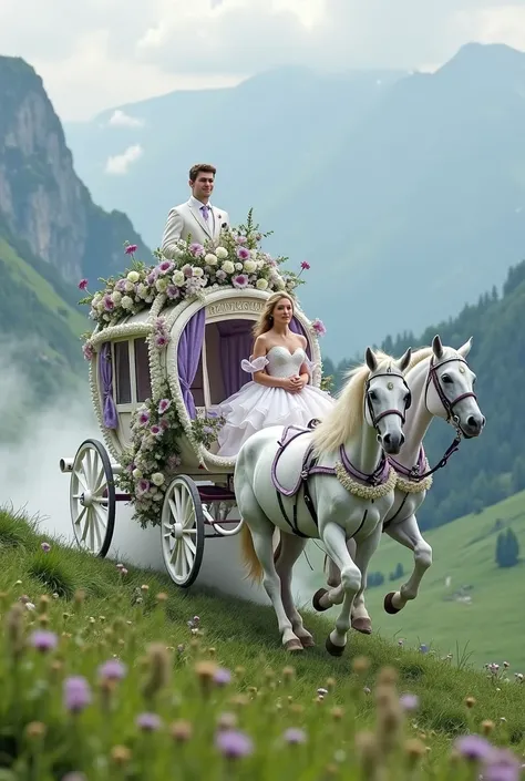 white and lilac, decorated with lush exotic flowers and live birds and purple flowers, an amazingly beautiful wedding carriage drawn by a pair of snow-white horses hovers and flies high above the emerald grass against the background of green meadows and mo...