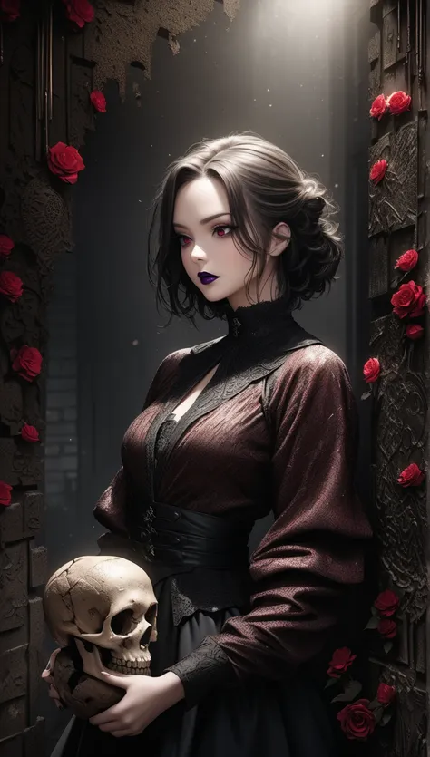 editorial-style of a gothic woman with bold makeup, smudged red lipstick, and an intense, alluring gaze. She holds a skull in one hand, surrounded by roses and fragmented panels and gritty textures. Warm tones, moody lighting, fear, mortality, magazine-sty...