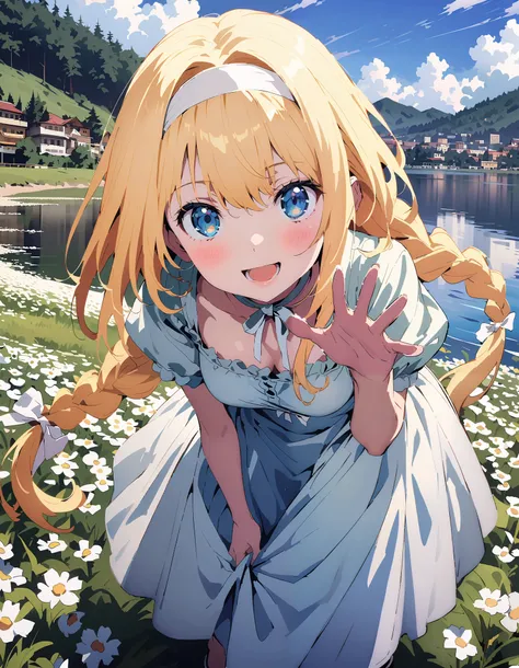 Alicesburg,  Alice Sberg , Alone,bangs,  blue eyes,   blond hair,  smile,blush, open your mouth, hair between eyes, Very long braids,  single braided , headband, white  headband,yellow off-the-shoulder dress,Medium breast, white long skirt, cute heeled san...