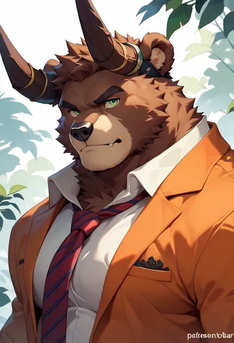 Bear, businessbear, green eyes, solo, horns on head