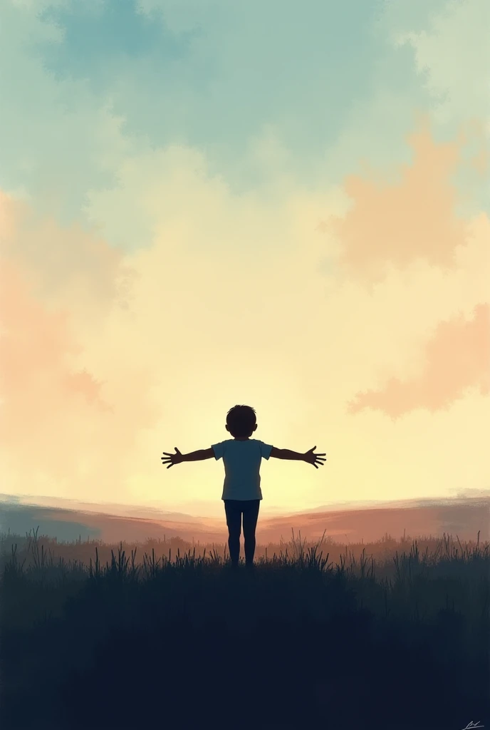  A melancholic landscape at dusk ,  with a pair of arms extended in the center ,  as if they were waiting for a hug . The central figure is alone ,  looking at the horizon ,  surrounded by an empty field or a tranquil landscape that conveys nostalgia for t...