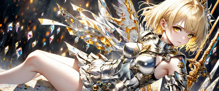 Beautiful Jeanne d'Arc ,   Extremely short, boyish blond hair , Golden piercing gaze,  attractive proportions,  wears armor and sacred swords, which are sculpted works of art carved from pearl platinum crystals, Background Diverse Punk, ( super detailed,  ...