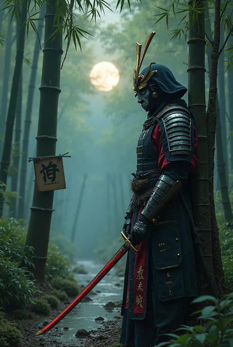 A hyper-realistic image capturing a dramatic close-up of a samurai warrior standing in a shim sword stance next to a Japanese bamboo grove, striking a sword strike through the middle of a bamboo grove, cutting it in half. A large Sakura tree stands in the ...