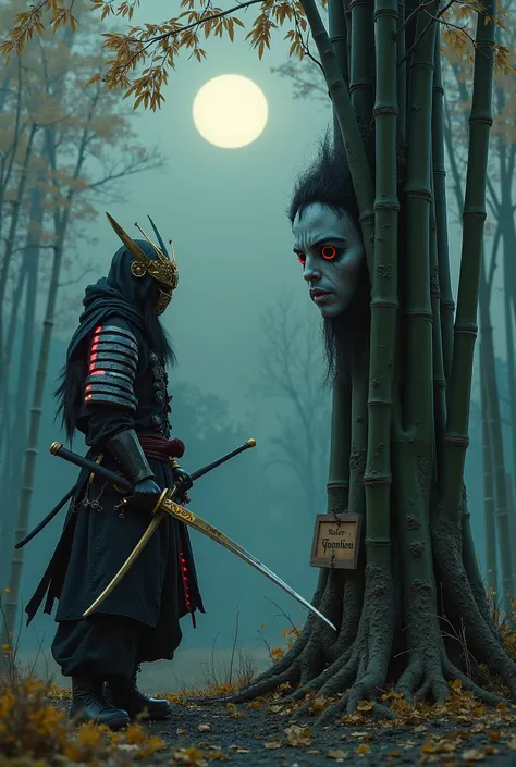 A hyper-realistic image capturing a dramatic close-up of a samurai warrior standing in a shim sword stance next to a Japanese bamboo grove, striking a sword strike through the middle of a bamboo grove, cutting it in half. A large Sakura tree stands in the ...