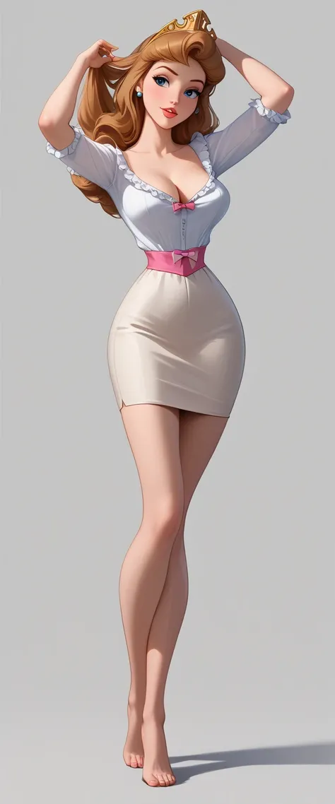 score_9, score_8_up, score_7_up, score_6_up, full frontal body view, BREAK Belle,1girl, solo, brown hair, blue eyes, pussy, thin face, Disney 3D render, (Princess Cinderella wearing a white blouse tied to waist showing her belly, a short pink pencil skirt,...