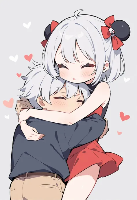  silver-haired girl, She hugs her boyfriend in love, Pucca type, simple art , animated, mediocre home 