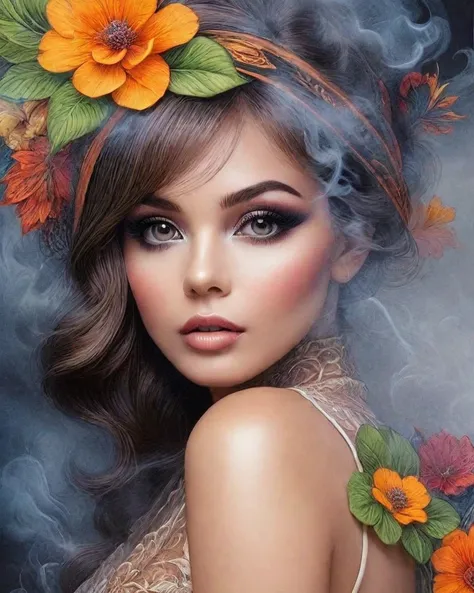   A captivating portrait of a woman with smoky eyes and bright lips, surrounded by intricate floral designs and fractal elements.