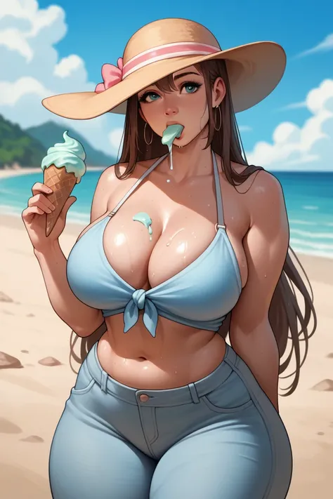  Pretty Girl, yor braiar,  beautiful,    big breasts,   big thighs,   big butt ,   curves,   beach, little clothing,   anime-style,    clothes close to the skin ,   sexy pose, biiki rosa ,  Sweaty skin, eating ice cream,  Ice cream stains on the breasts,  ...