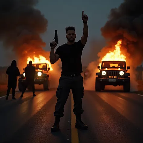 

Imagine a full body photo of LALIEPOSITO,  wearing a black t-shirt ,  black cargo pants and black boots .  Standing on a dark road at night , taking a combat pose .  In his hand he carries a gun pointed upwards ,  surrounded by a circle of fire and smoke...