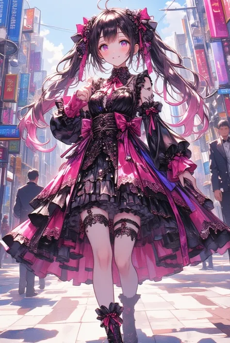 watercolor, ultra detailed cute moe anime, smile, vivid colors, stylish, frilly long sleeves, gothic lolita, On a city street, a girl clad in eye-catching frilly fashion in vibrant black and pink walks gracefully. Her dress is adorned with lace and ribbons...