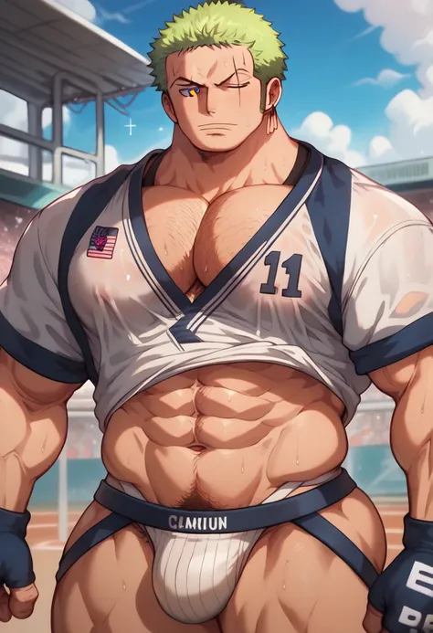 Roronoa Zoro, gridiron football uniform, jockstrap, muscular, muscles, broad shoulders, massive pecs, sweaty, hairy chest, glowing spiral in the eyes, blank expression, vacant stare, hypnotized, brainwashed, focused, High Resolution