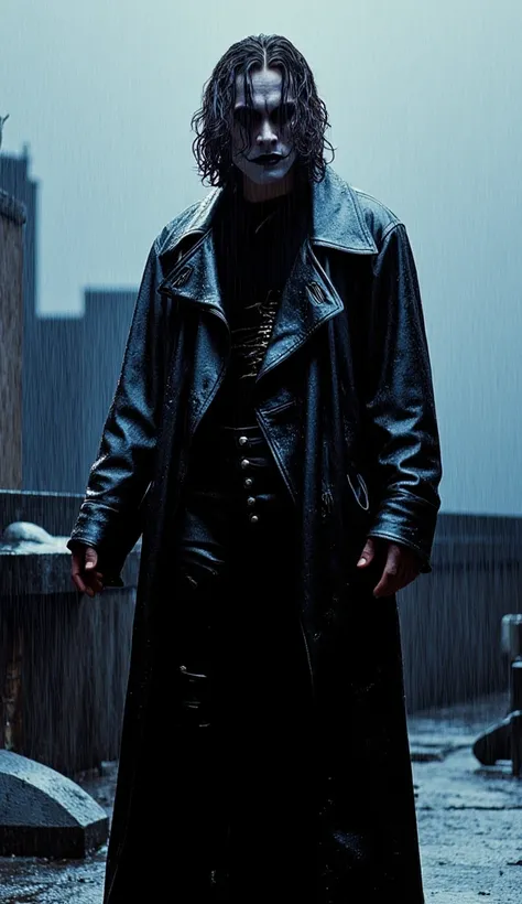  the character "The Crow".  A hyper-realistic cinematic image of The Crow , Brandon Lee, Eric Draven , hyper realistic, High detailed, on the roof, rainy day 