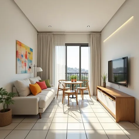 Create realistic and spacious images of a small apartment with tiles illustrated in pisco, a small white sofa with colorful cushions, a large TV, a small round table with 4 chairs and a small flower pot on top, and a small and charming kitchen with a count...