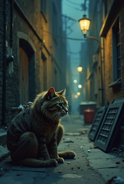 ---

1. The Struggle Begins (Poor Whiskers in the Alley)

"A scruffy, thin cat with dirty, unkempt fur sits in a cold, dark alley. His clothes are torn and ragged, barely covering his body. His eyes are filled with determination but also hunger and sadness...