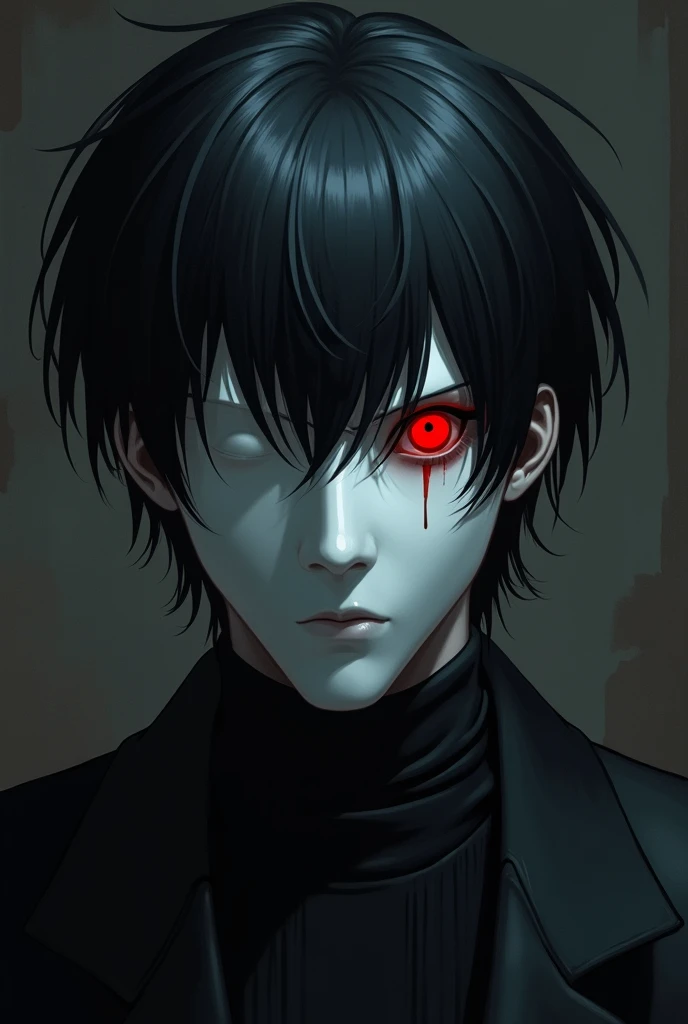 Make a handsome realistic anime man with black hair,  hair holding a full face porcelain mask and having only his red eye visible, Make him look evil and psychopathic 