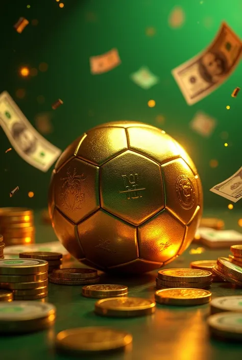 A stunning digital artwork featuring a luxurious football scene with a golden and green color scheme. The image showcases a football surrounded by stacks of cash, gold coins, and high-value banknotes floating in the air. The background is illuminated with ...