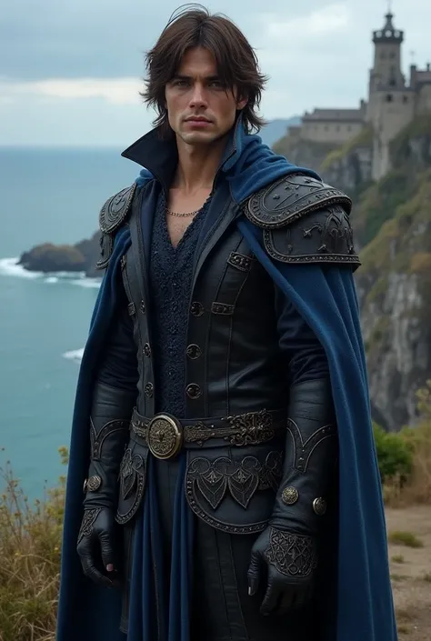 Create Devil May Cry  & Castlevania a handsome man with medium straight brown hair with sapphire blue eyes with shapely legs wearing a black medieval lord outfit with blue details in a beautiful medieval coastal village