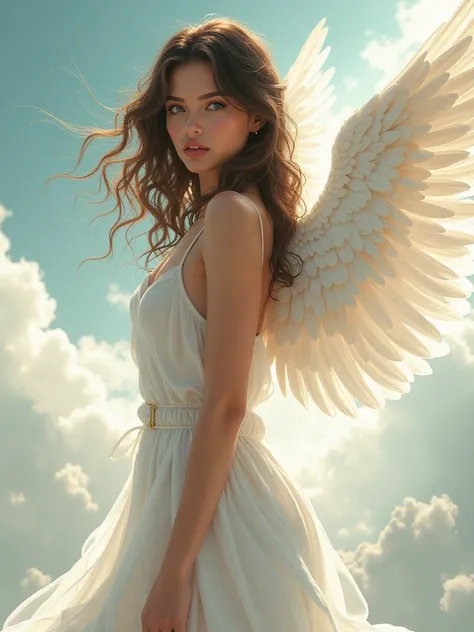 Manhwa style of an extremely beautiful female angel, But you can&#39; I see her face ,  she has a wing a very beautiful white wing .  Face of a Brazilian,  half brown 