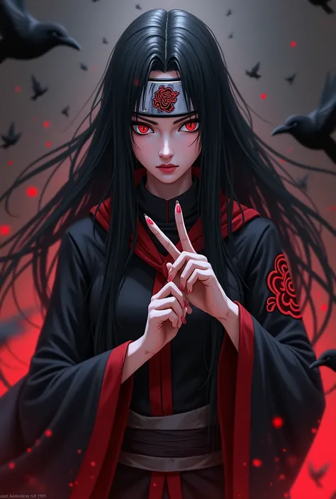 Create a highly detailed digital artwork of a female warrior inspired by Itachi Uchiha from Naruto, featuring a dark and mysterious aura. She should have long, flowing black hair, intense red eyes with a hypnotic pattern similar to the Mangekyō Sharingan, ...