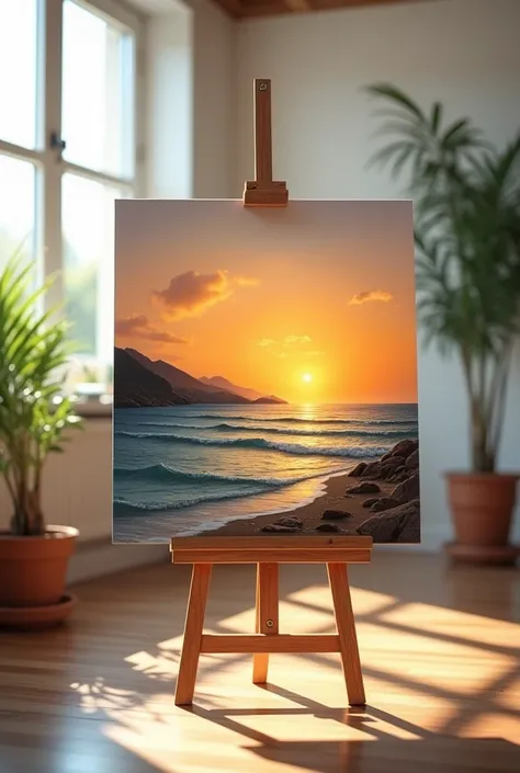 There is an easel with a canvas in a bright room. The canvas depicts a sunset by the sea.