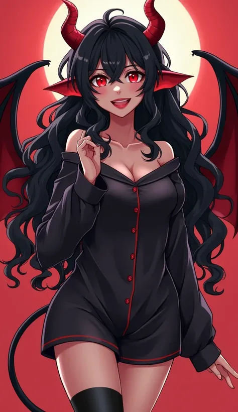 Succubus, curly, Black Hair, Long Hair, Red Eyes, Evil Smile, Horns, Anime Style, demon tail, demon wing, demon pajamas