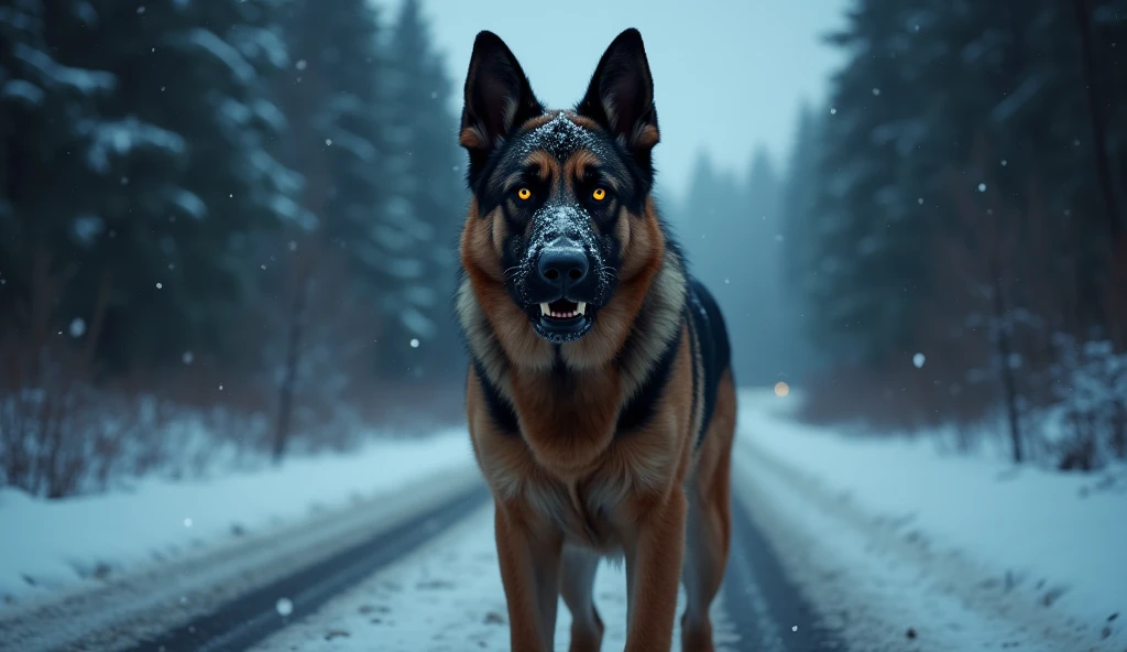 Dangerous German shepherd dog in snow road background is night 