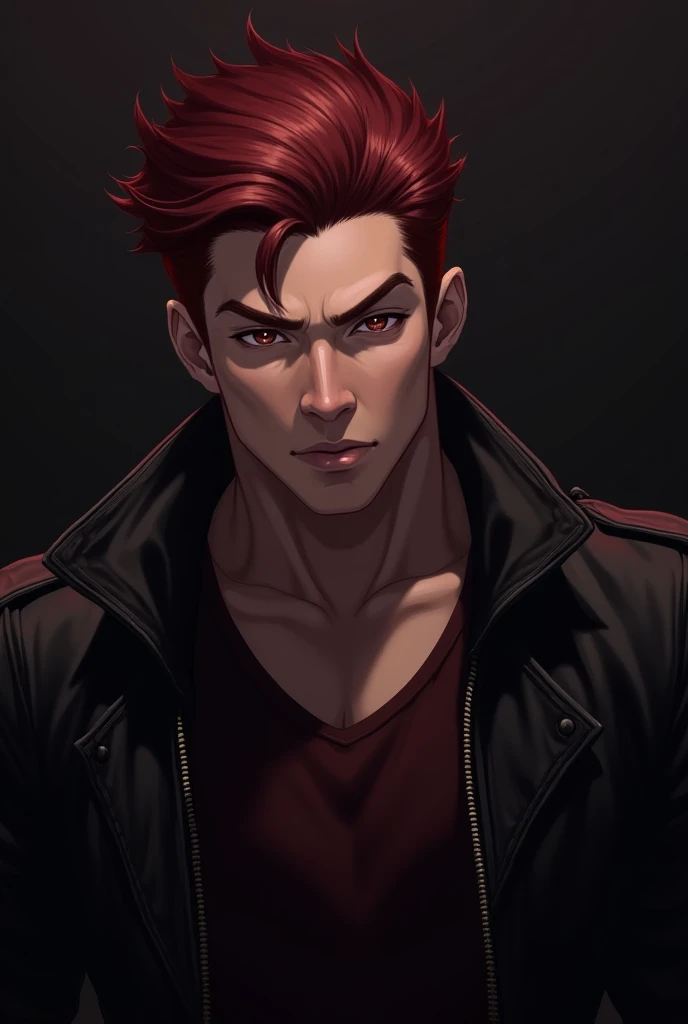  Make a man in an anime or realistic drawing who looks ahead with a possessive and cold look, very handsome with wine red hair and leather jacket 