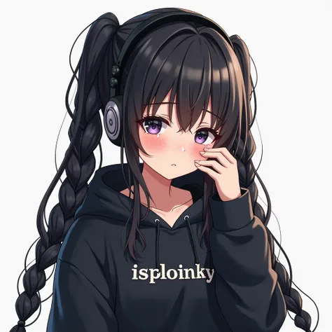  Very beautiful anime girl with long black hair braided in two pigtails.She's wearing a black hoodie that says ISploinky.She's wearing headphones. She's a DJ.She cries and wipes her face with her hand