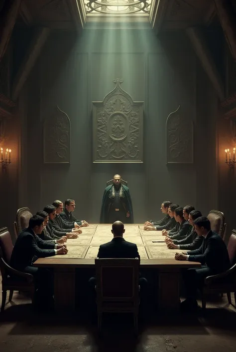 The Meeting in the Chaos Makers' Lair:**
   - **Visual:** A large, dark room with a massive table and a group of individuals sitting around it. Grayson stands at the head of the table, exuding authority, while James and others listen intently. The walls ar...