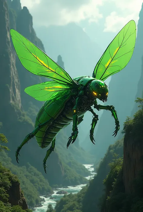 Create Devil May Cry  & Yu-Gi-Oh a large translucent mechanical green insect with yellow details flying in a valley