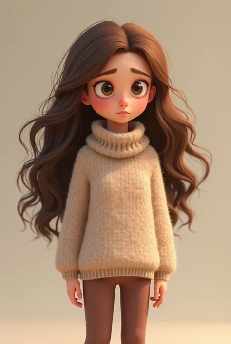  is a young girl with long and wavy brown hair, wearing a wide wool sweater in warm colors ( beige or light pink )With comfortable .  pants, her features are calm, reflecting some sadness and hesitation. .  Animations  