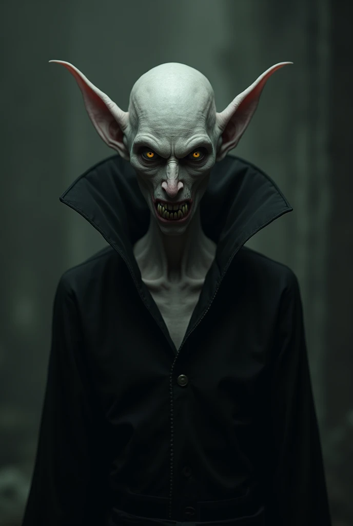 A monster the closest thing to Nosferatu,  who is in the front , hairless, very pale,  pointy ears, The fangs together, and with nothing behind him, That is to say a foreground