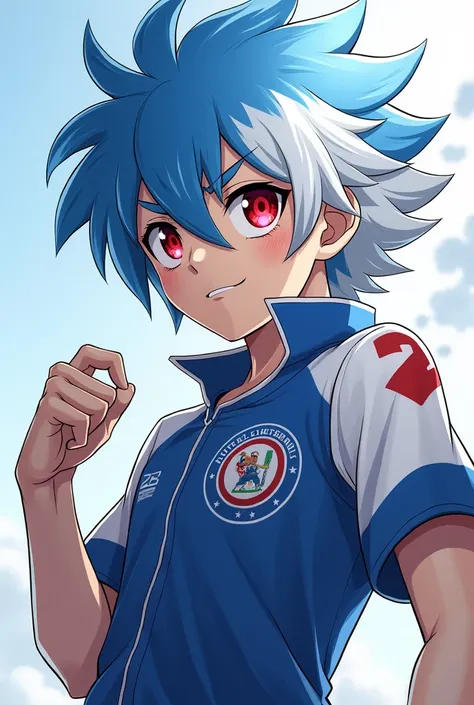 ( Artwork,   maximum quality , best quality, Official art, Beautiful and threatening aesthetic :1.2) Inazuma Eleven Victory Road Oc Boy With Blue And White Hair With Scarlet Red Eyes Stylish Artificial 
sports uniform 