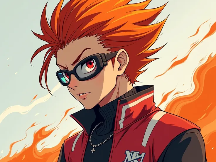 ( Artwork,   maximum quality , best quality, Official art, Beautiful and threatening aesthetic :1.2) Inazuma Eleven victory road Oc Garçon Aux Cheveux orange Et blanc Aux Yeux rouge ecarlate stylé artificiel ressemble a un gangster
uniform de sports 