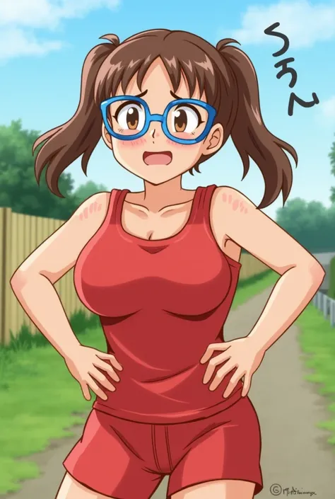 score_9, score_8_up, score_7_up, BREAK, madelyn, brown hair, twintails, glasses, blue framed glasses, sleeveless, outdoors, freckles, brown eyes, hands on hips, chubby, red tanktop red shorts freckles, out of breath, sweaty, open mouth, exhausted expressio...